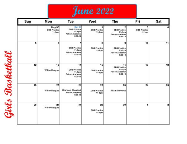 Girls Basketball June 2022 Schedule